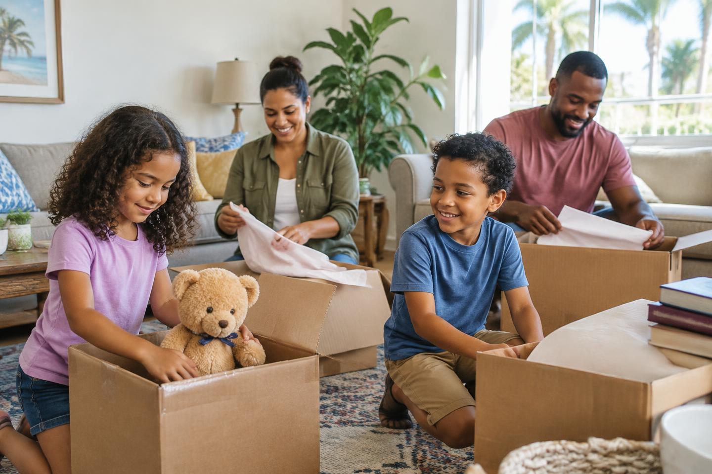 A family packing boxes and a teddy bear together before a move