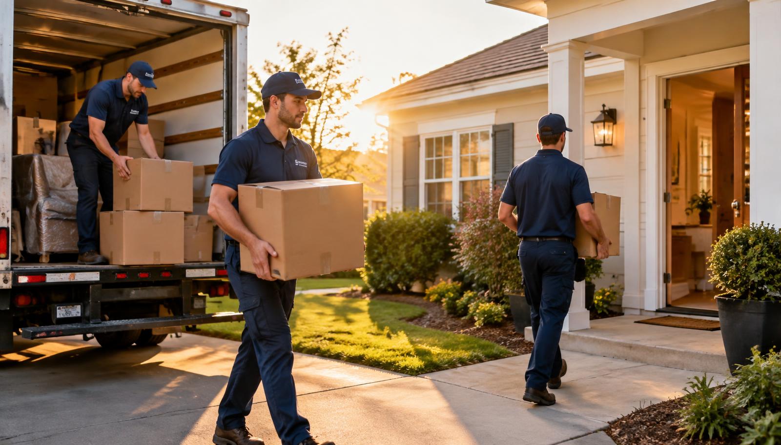 Movers carrying boxes into a home